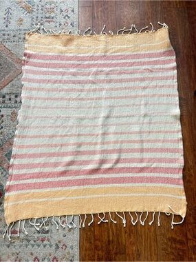World Market Cotton Throw Blanket Striped Coral Pink Mustard Yellow Fringe 50x60